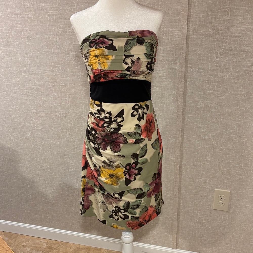 The Limited Strapless Floral Dress in Sage, Black and Multi